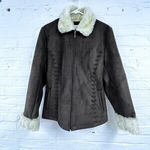 Liz Claiborne Faux Suede Shearling Jacket Small Brown Zip Front